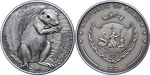 Palau 5 Dollars, 2013, gray squirrel, 1 oz ... 