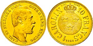 Sweden 1 Karolin (10 Franc), Gold, 1868, ... 