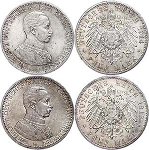 Prussia 2 x 5 Mark, 1913 and 1914, Wilhelm ... 