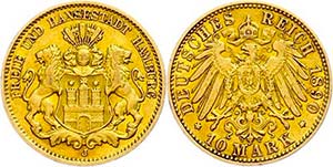 Hamburg 10 Mark, 1890, Stadtwappen, ss-vz., ... 