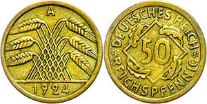 Coins Weimar Republic 50 Reichs penny, 1924, ... 