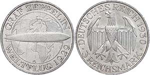 Münzen Weimar 3 Reichsmark, 1930, Zeppelin, ... 