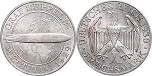 Münzen Weimar 5 Reichsmark, 1930, Zeppelin, ... 