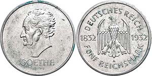 Münzen Weimar 5 Reichsmark, 1932, Johann ... 