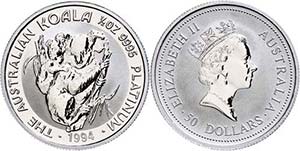 Australien 50 Dollars, Platin, 1993, Koala, ... 