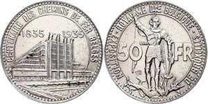 Belgium 50 Franc, 1935, on the 100 years ... 