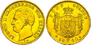 Hessen-Darmstadt 5 Gulden, Gold, 1840, ... 