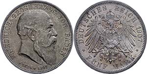 Baden 5 Mark, 1907, Frederick I, on his ... 