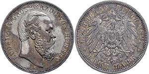 Hesse 5 Mark, 1891, Ludwig IV., small edge ... 