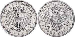 Lübeck 5 Mark, 1908, margin strong rubbed, ... 