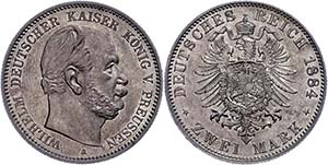 Prussia 2 Mark, 1884, Wilhelm I., nice ... 