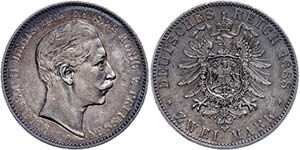 Prussia 2 Mark, 1888, Wilhelm II., tiny edge ... 