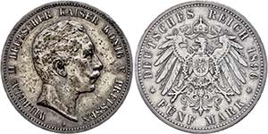 Prussia 5 Mark, 1896, Wilhelm II., small ... 