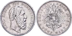 Württemberg 5 Mark, 1876, Karl, margin ... 
