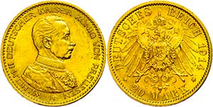 Prussia 20 Mark, 1914, Mzz A, Wilhelm II. In ... 