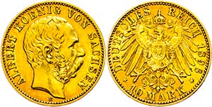 Sachsen 10 Mark, 1896, Albert, kl. Rf., ss., ... 