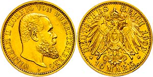 Württemberg 10 Mark, 1909, Wilhelm II., ... 