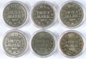 Münzen Weimar 6 x 3 Mark, 1924, A, D, E, F, ... 