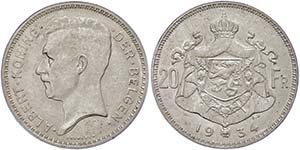 Belgium 20 Franc, 1934, Albert I., the ... 