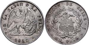 Chile 1 peso, 1854, KM 129, small edge nick, ... 