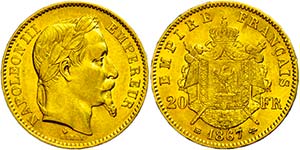 France 20 Franc, 1867, Gold, Napoleon III., ... 