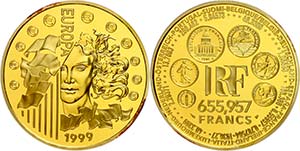 Frankreich 655,957 Francs (=100 Euro), Gold, ... 