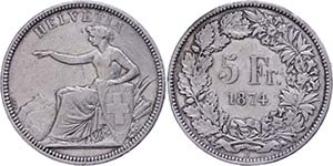 Switzerland 5 Franc, 1874, Mzz B, variety ... 