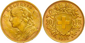 Switzerland 20 Franc, Gold, 1935, Vreneli, ... 