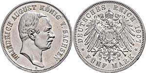 Saxony 5 Mark, 1907, Friedrich August III., ... 