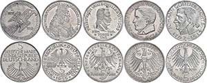 Münzen Bund ab 1946 5 x 5 Mark, 1952-1964, ... 