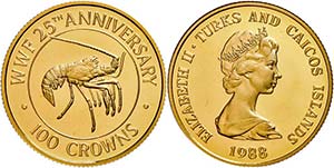 Turks and Caicos Islands 100 Crowns, Gold, ... 