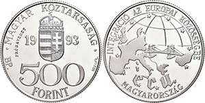 Hungary 500 forint, silver, 1993, proof, EU, ... 