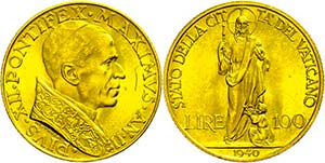 Vatican 100 liras, Gold, 1940, Pius XII, Fb. ... 