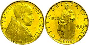 Vatican 100 liras, Gold, 1956, Pius XII, Fb. ... 