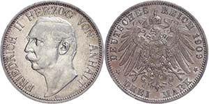 Anhalt 3 Mark, 1909, Friedrich II., kl. Rf., ... 