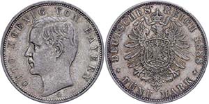 Bayern 5 Mark, 1888, Otto, Randfehler, ss., ... 
