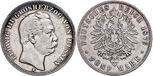 Hessen 5 Mark, 1876, Ludwig III., kl. Rf., ... 