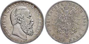 Hesse 5 Mark, 1888, Ludwig IV., tiny edge ... 