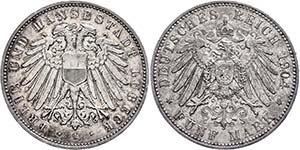 Lübeck 5 Mark, 1904, small edge nick, very ... 