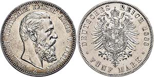 Prussia 5 Mark, 1888, Friedrich III., small ... 