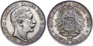 Prussia 2 Mark, 1888, Wilhelm II., very fine ... 