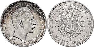 Prussia 5 Mark, 1888, Wilhelm II., small ... 