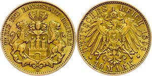 Hamburg 10 Mark, 1893, Stadtwappen, kleine ... 