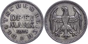 Münzen Weimar 3 Mark, 1925, Mzz D, kleiner ... 