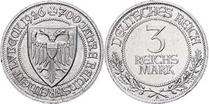 Münzen Weimar 3 Reichsmark, 1926, 700 Jahre ... 