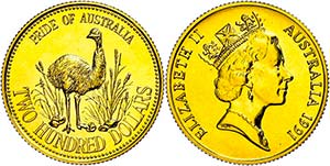 Australia 200 Dollars, Gold, 1991, emu, 9, ... 