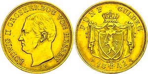 Hesse-Darmstadt 5 Guilder, Gold, 1842, ... 