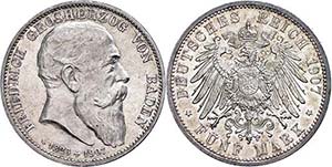 Baden 5 Mark, 1907, Friedrich I., auf seinen ... 