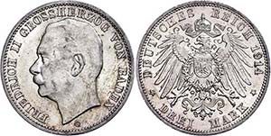 Baden 3 Mark, 1914, Friedrich II., kl. Kr., ... 