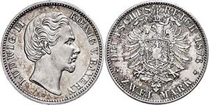 Bavaria 2 Mark, 1876, Ludwig II., extremley ... 